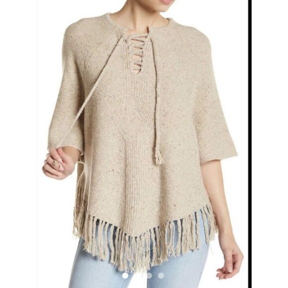 Joie Lace Up Sweater Pedra Oatmeal Wool Small Fringe Hem Pullover Poncho Sweater - Picture 1 of 6